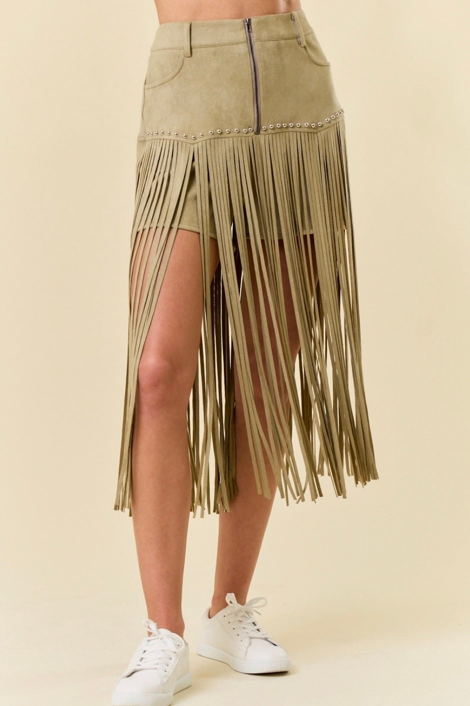 Long Fringe stud shorts Olive